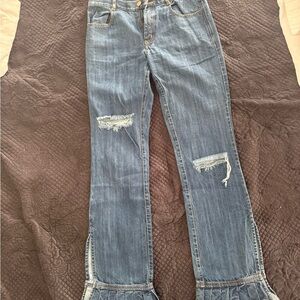 Trendy Distressed Flare Jeans in Classic Blue